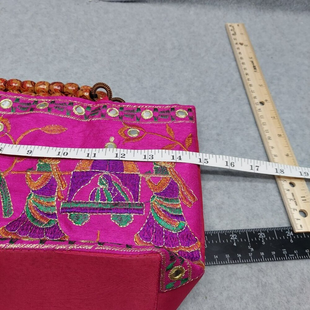 Handcrafted Pink Embroidered Elephant Bead Handle Purse - Picture 5 of 7